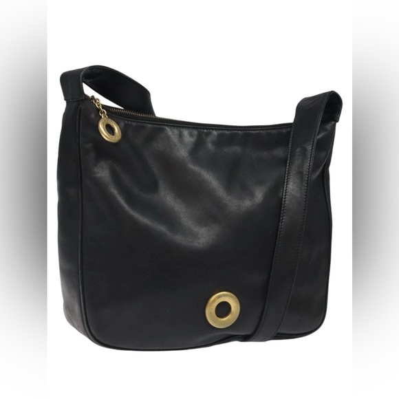 Celine Vintage Black Leather Shoulder Bag | Gold Grommet Zip Hobo | Authentic - Picture 1 of 16